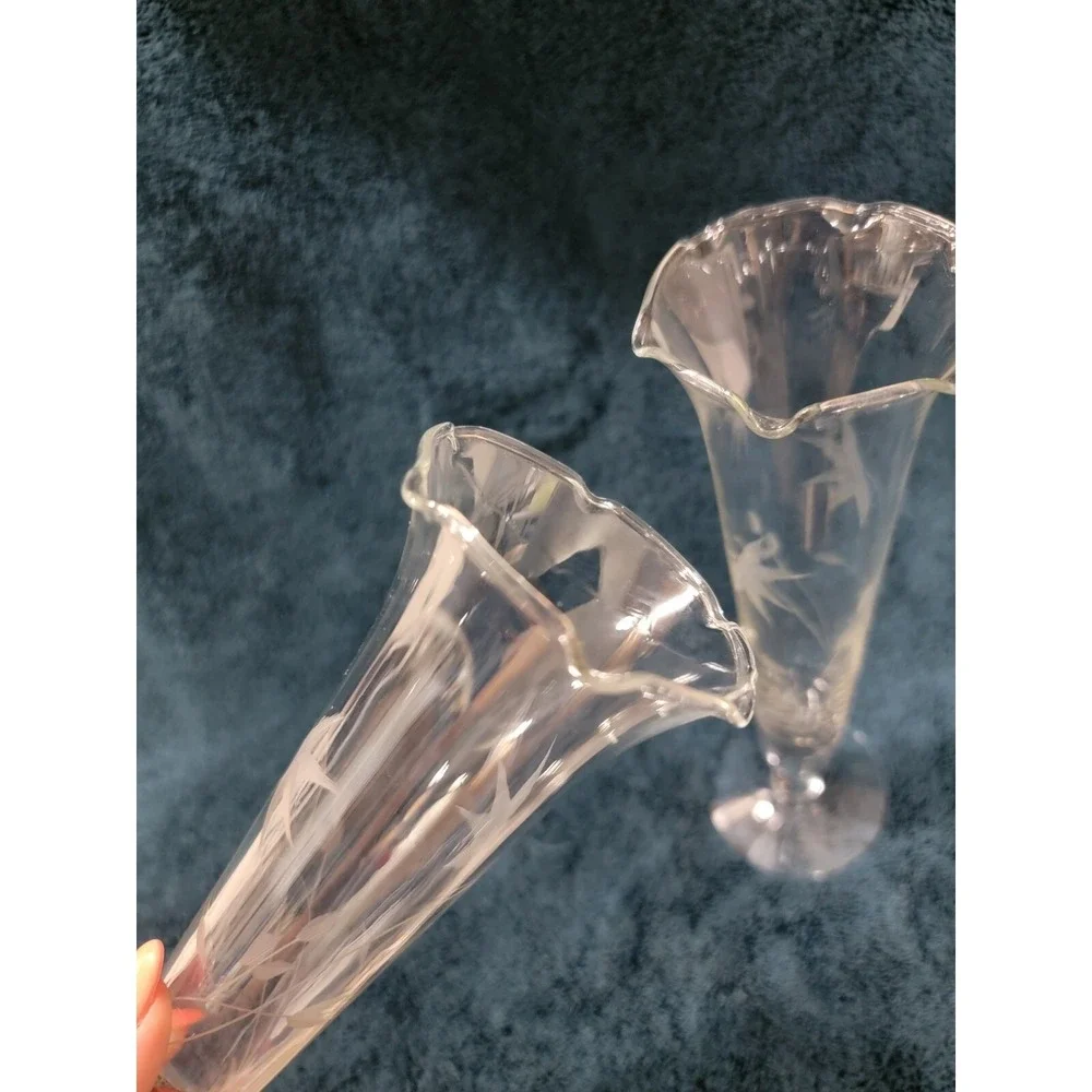 Vintage Etched Glass Bud Vases Pair Ruffled Rim Floral Trumpet Pedestal 10 Inch